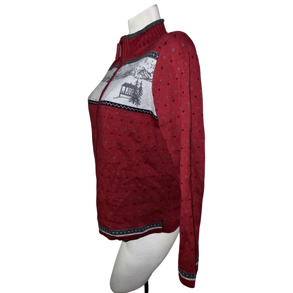 Woolrich Sweater Womens Size L Red Cabin Forest Moose Winter Scene Zip Cardigan - Picture 4 of 11